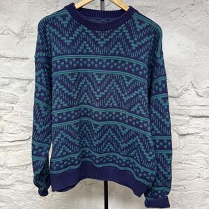 Vintage 90s Geometric Pattern Crewneck Knit Sweater Boxy 100% Cotton Teal Purple